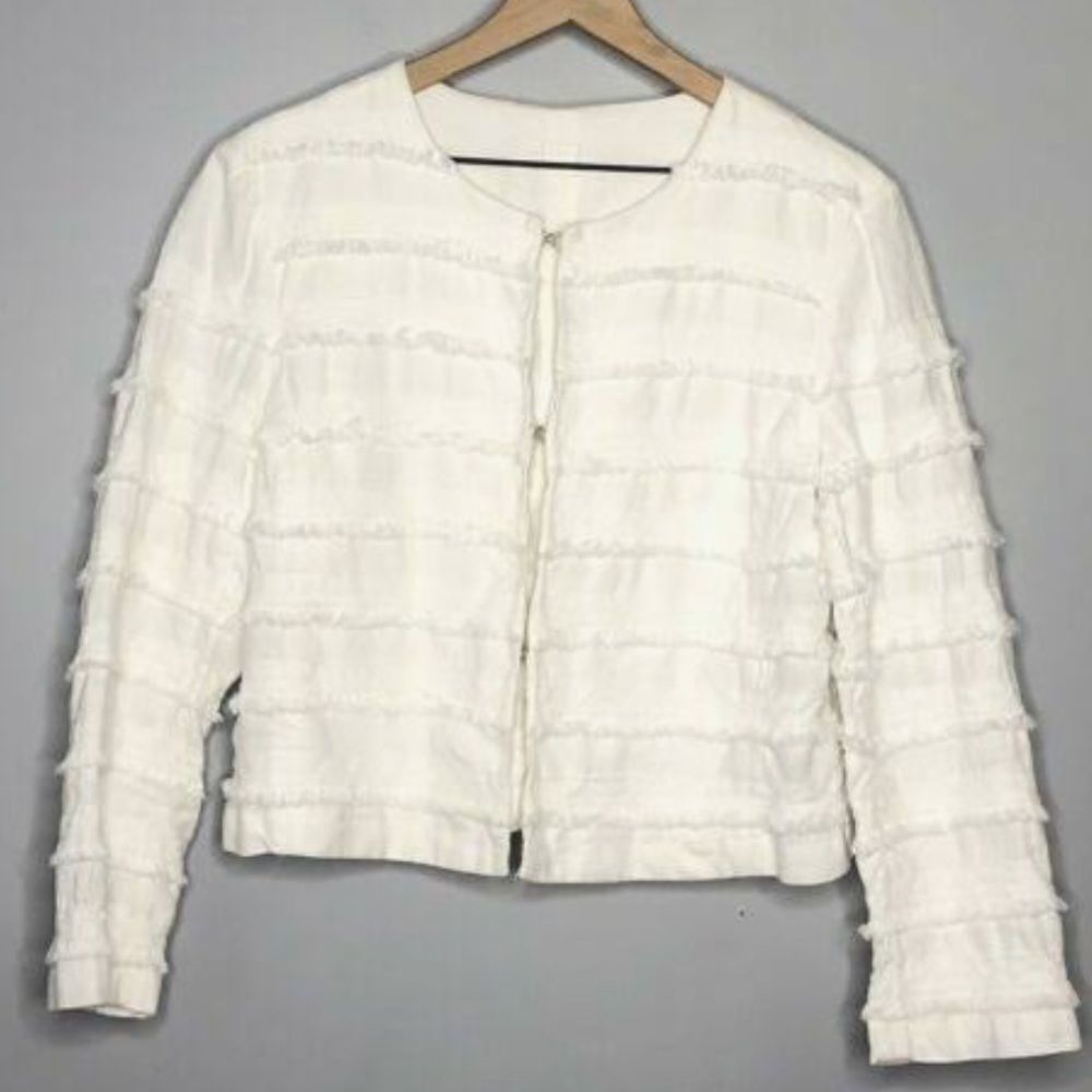 120% Lino White Fringe Jacket Hook & Eye Closure Size 6 - Picture 4 of 16